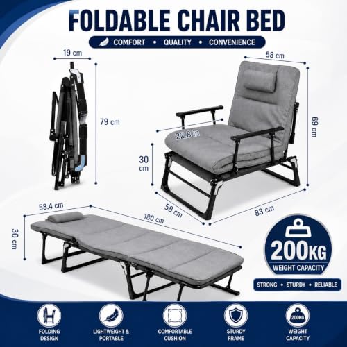 Image of Hukimoyo Folding Bed Single for Sleeping 6 in 1 Adults Foldable Portable Camping Cot with Adjustable Reclining Backrest Lounge Chair Recliner for Home Office Travel Balcony and Outdoor Use (200 kg)