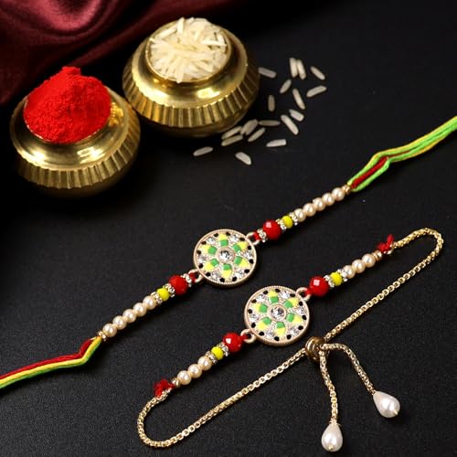 Image of Oblivion Rakhi Set for Brother and Bhabhi - Peacock with Feather Gift for Bhai & Lumba for Bhabhi with Silver Colour Coin and Greeting Card - Raksha Bandhan Combo