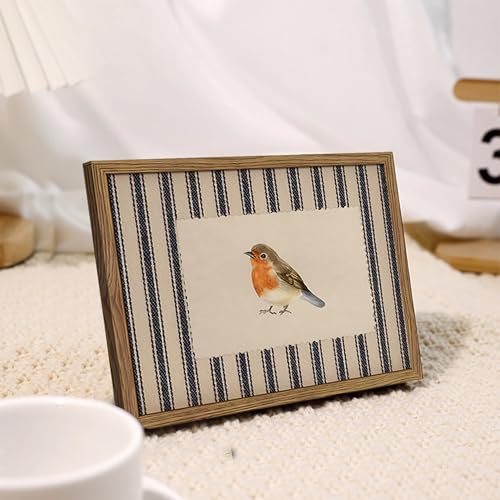Image of Framed Robin Bird Wall Art, Striped Nature Watercolor Canvas Print, Country Farmhouse Wall Decor, Vintage Cottagecore Animal Picture Artwork for Living Room Bedroom Bathroom 8x10 inch