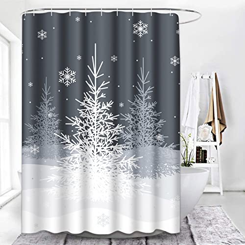 Emvency Decorative Shower Curtain Gray Winter Christmas Trees On Grey White Snowflake 72"X72" Waterproof Bathroom Shower Curtain Set With Hooks #TOP5