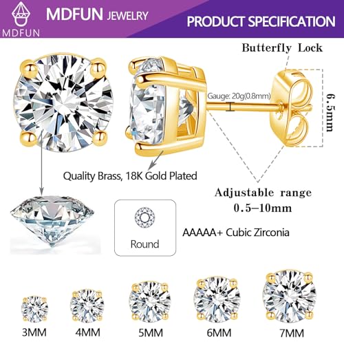 MDFUN 5 Pairs Stud Earrings Sets 3-7MM 18K Gold Plated Round/Cushion/Asscher/Emerald Cut Cubic Zirconia Earring Hypoallergenic Stud Earrings for Women Men 5