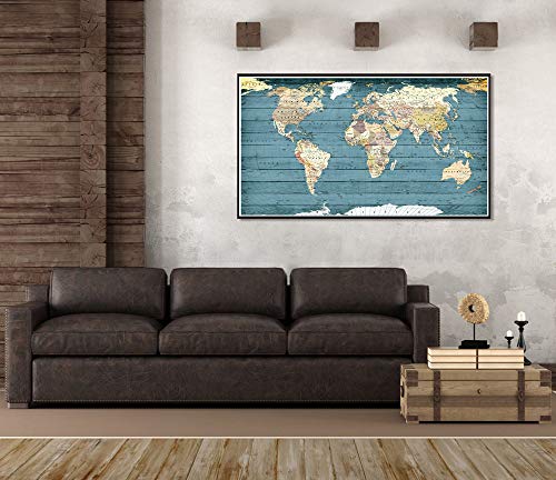 Welmeco Xlarge Blue Rustic Wood Background Detailed World Map Canvas Prints With Premium Black Frame Vintage Push Pins Travel Map Of The World Picture For Modern Home Office Living Room Decoration #TOP3