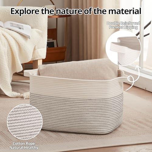Image of OIAHOMY Large Blanket Basket, 65L Cotton Rope Woven Laundry Basket, Toy Bin for Baby Room, Container for Blanket Storage in Living Room, 20''x16''x12'', Black & White