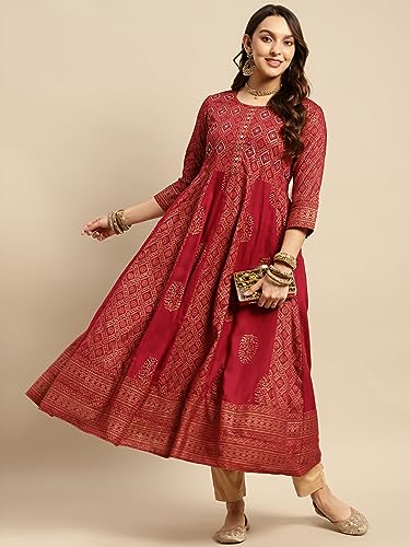 Image of rangita Teal Rayon Calf Length Embroidered Anarkali Kurti for Women | Kurta for Women