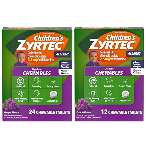 Childrens Zyrtec Kids Chewable Allergy Medicine 2.5 mg Cetirizine HCL Tablets Kid Friendly Grape Flavor Dye Free Suitable for 2 Years and Older 24 Count Package Plus 12 Count Bundle Pack