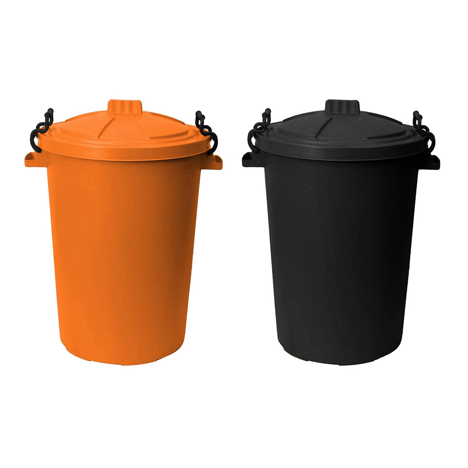M1SS (Set of 2) 50 Litre Orange and Purple Heavy Duty Plastic Clip Lock Lid Bin Indoor or Outdoor Rubbish, Waste or Storage of Animal Feed. (Black + Orange)