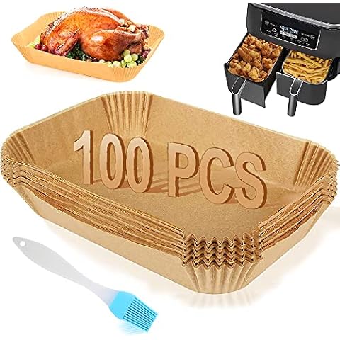 VIKKI Air Fryer Liners, 8.7in Large 100pcs Disposable Ninja Dual Paper Non-Stick Baking Food Grade Multipurpose Oil-Proof Liners for Oven Frying Pan(Free Oil Brush), VK-HK-008 Cover