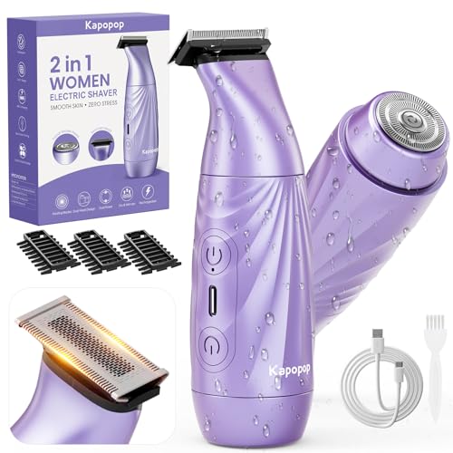 Kapopop New Upgrade Painless 2-in-1 Bikini Trimmer for Women,Electric Shaver & Razor with Dual Heads for Body Pubic Underarm & Facial Hair,IPX7 Waterproof Wet & Dry,Rechargeable Cordless Lady Trimmer