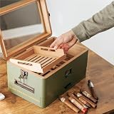 Case Elegance Military Glass Top Humidor, matowy zielony z cyfrowym higrometrem z przodu, hiszpański cedar, rozwiązanie nawilżające, system wody i akcesoria do pianek - Uchwyty (70-100 cygar) firmy