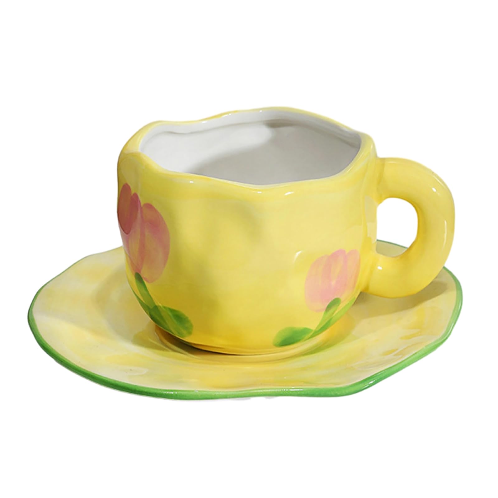 300ml/10oz Creative Personalized Ceramic Mug Cute Girl Coffee Cup Set-Yellow tulip cup and plate A-201-300ml