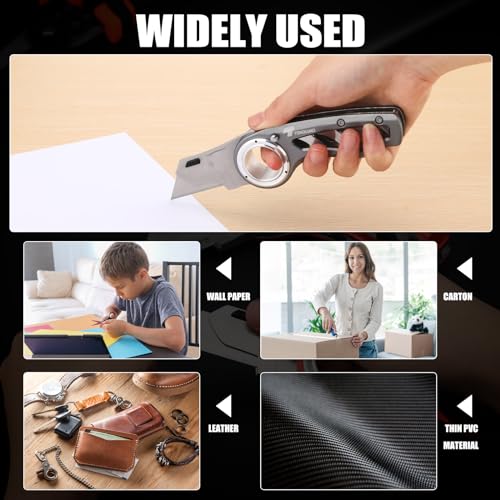 Image of Tondiamo 2 Pcs Folding Pocket Utility Knife Heavy Duty Box Cutter Folding Razor Knife with Anti Slip Finger Loop Easy Change Blades 3 Lock Positions Design (Gray)