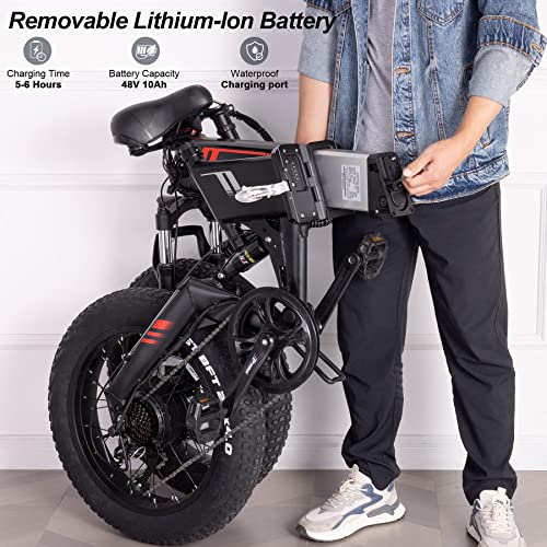 Wooken Electric Bike, 20'' Fat Tire Electric Bike For Adults, 500W Folding Electric Bike With 48V 10Ah Battery, Shimano 7 Speed Gears, Dual Shock Absorber, 20Mph Ebike For Commute Mountain Beach Snow #TOP2