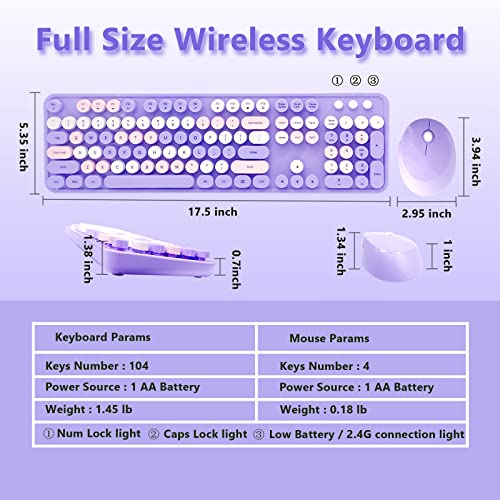 Image of Purple Retro Typewriter Wireless Keyboard and Mouse Combo for Home Office | Full Size Cute Vintage Round Bubble Keycaps, Ergonomic Aesthetic Colorful Keyboard Mouse Set for Long Nails Laptop Desktop PC