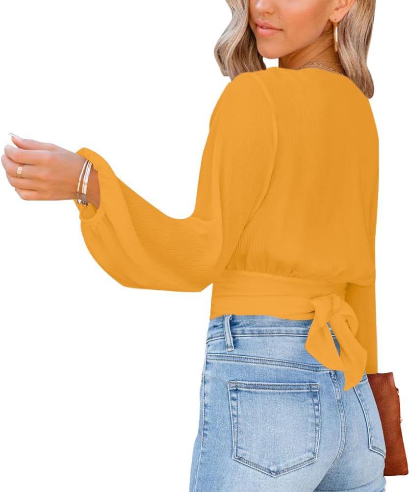LYANER Women's Deep V Neck Long Sleeve Tie Front Knot Sexy Wrap Crop Top Blouse - Image 2