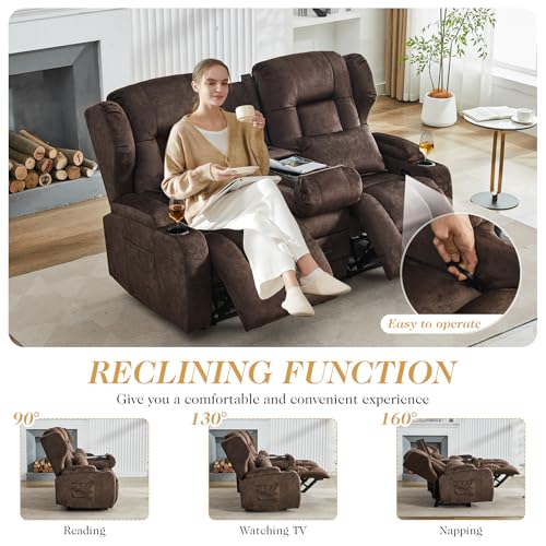 Image of Loveseat Recliner Sofa with Flip-up Console,RV Wall Hugger Recliners for Small Spaces,Reclining Loveseat Sofa Recliner with Cup Holders /Lumbar Pillows,RV Furniture (Brown, 68 inch 2-Seater)