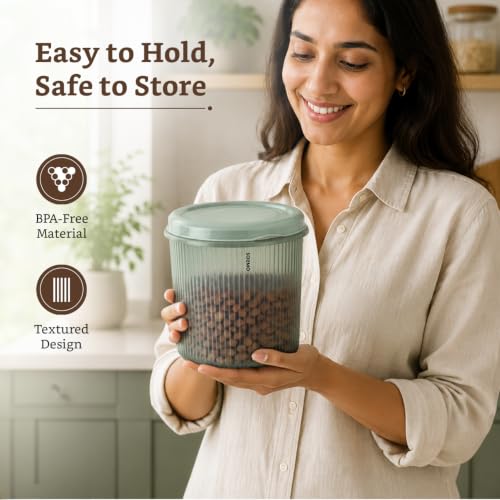 Image of Amazon Brand - Solimo Storewell Linea Plastic Storage Containers Set of 8 (1.9L Each) | BPA-Free, Stackable & Transparent Ribbed Kitchen Storage Jars, Coral Green