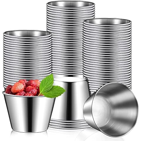 Mimorou 100 Pcs 2.5oz Metal Ramekins Stainless Steel Sauce Dipping Cups Ramekins Bulk Sauce Container Round Dipping Bowls Condiment Cup for Dish Butter Kitchen Restaurant Serving Party Dinner Cooking Cover