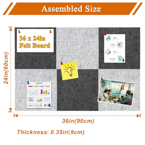 HULAVO Large Square Felt Cork Board Tiles, Self Adhesive DIY Felt Bulletin Board with 35 Pushpins for Office School Home Wall Decor Stickers Memos (Deep & Light Grey) — view 5