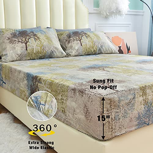 Image of JSD Rustic Tree Pattern Print King Sheet Set Extra Deep Pocket | 4 Piece Soft Botanical Microfiber Sheets, OEKO-TEX Certified, Easy Care