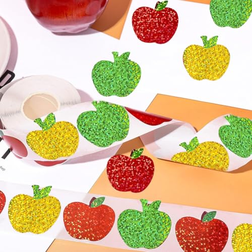 Image of 500Pcs Back to School Apples Stickers Roll 3 Colors Laser Apples Sparkly 1.5in Waterproof Decals Self-Adhesive Stickers for Envelope Scrapbook Decor First Day of School Party Supplies