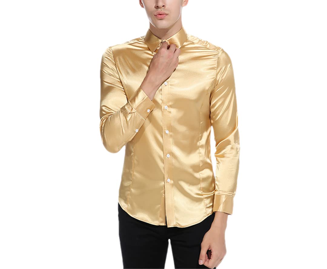 Rfmfkkg Satin Shirt Men Shirt Long Sleeve Slim Fit Shirts Emulation Silk Casual Button Down Dress Shirts