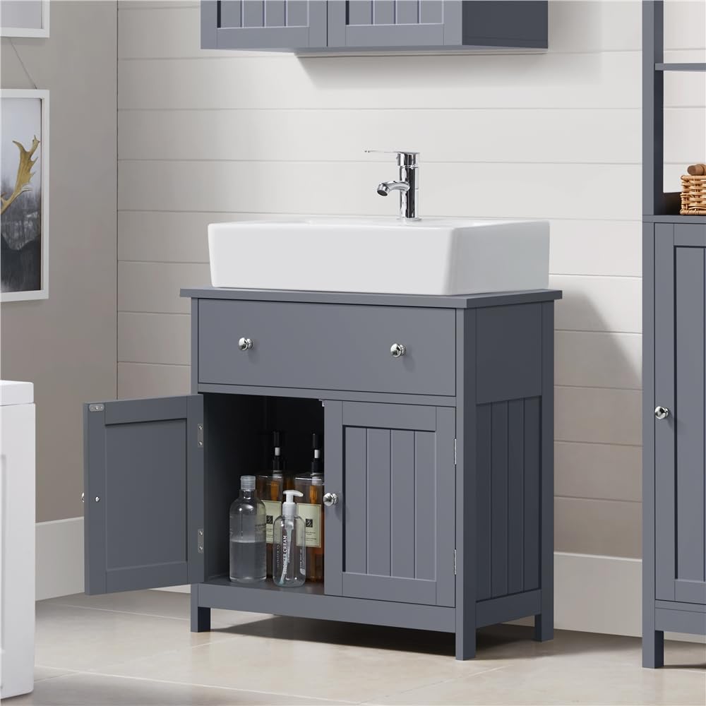Yaheetech Mobile da Bagno Sottolavabo Mobiletto con Cassetto e Ripiano Portaoggetti Armadietto da Terra per Lavandino Salvaspazio Mobile da Archivio 60 × 30 × 60 cm (Grigio Scuro)
