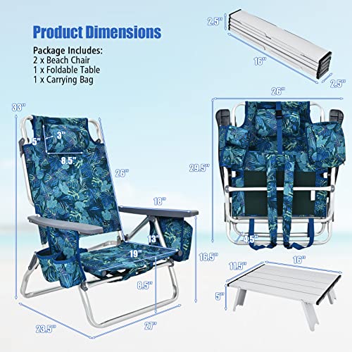 Image of Tangkula Backpack Beach Chair with Table, 5-Position Lay Flat Lightweight Low Folding Beach Chairs with Cooler Bag, 2 Cup Holders, Towel Bar, Backpack Straps