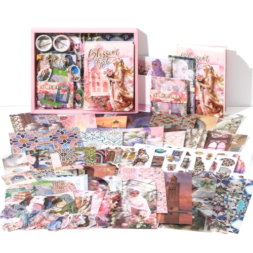 Image of The AutoStory Vintage Scrapbook Album Kit - A6 Junk Journal Notebook with Aesthetic Stickers, Collage Paper Pack & Washi Tape - DIY Journaling Supplies Gift for Teens & Girls (Blossom Hijab, Pink)