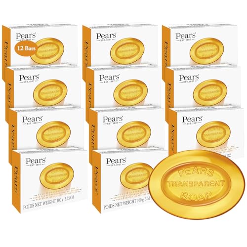 Image of Pears Soap, Pure & Gentle with Natural Oils, 12-Pack - Transparent Amber Glycerin Soap for Pampered, Glowing Skin, 3.53 Oz Ea