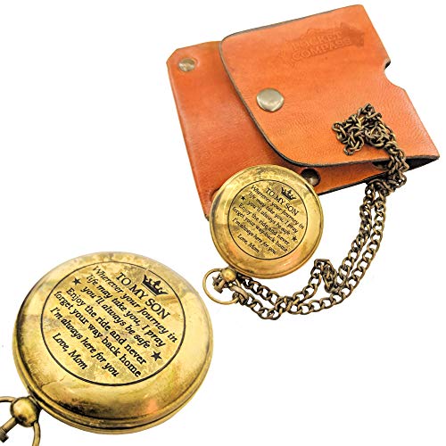 Brújula de latón grabada con estuche de cuero miniatura 1