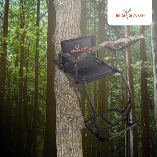 BIG GAME 1-Person Ladder Tree Stand for Hunting Deer, Flex-Tek Seat, Black - Adjustable Climbing Treestand with Platform and Safety Harness for Shooting