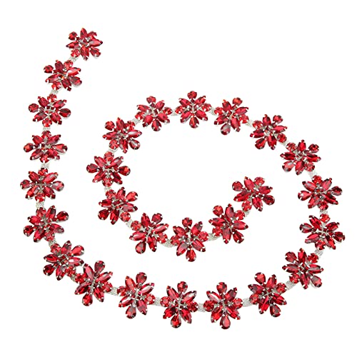 Hapivida Diamante Lace Trim Ribbon Chain 1 Yard 3.5cm Width Sparkling Crystal Rhinestones Trim Bridal Dress Applique for Wedding Dress Decoration(Red)