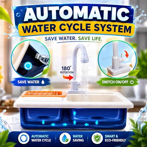 Image of Vikrida Kitchen Sink Toys Water Playset with Running Water House Wash Up Kitchen Sets with Play Dishes Accessories for Toddlers - Blue