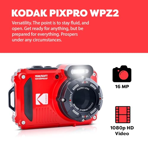 Image of KODAK PIXPRO WPZ2 Rugged Waterproof Digital Camera, Red Bundles with Case, Monopod, Card Reader and More (9 Items)