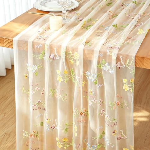 Tüll Stickerei Tischläufer Champagner 75X300cm Blumen Schmetterling Tischläufers Hochzeit Chiffon Tischdecke Gaze Käsetuch Tischband Sommer Tischdeko Küche Tisch Dekoration Party Geburtstag