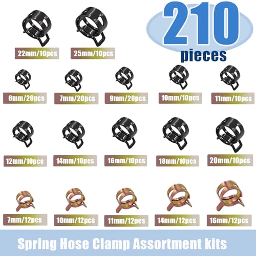 Image of Tnisesm 210Pcs 6-25mm Spring Band Hose Clamps Assortment kits with Swivel Flat Hose Clamp Plier, Spring Band Type Fuel Line Silicone Vacuum Hose Steel Clamp,Low Pressure Air Clip Clamp