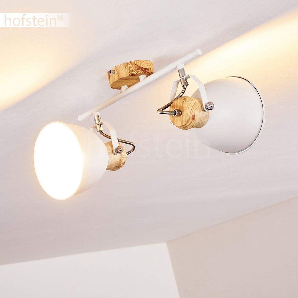 HOFSTEIN Deckenleuchte Banjul, verstellbare Deckenlampe aus Metall in Weiß/Holzoptik, moderne Leuchte im Retro/Vintage/Industrial-Design, 2 x E27, Esszimmer, Schlafzimmer, Wohnzimmer, Küche