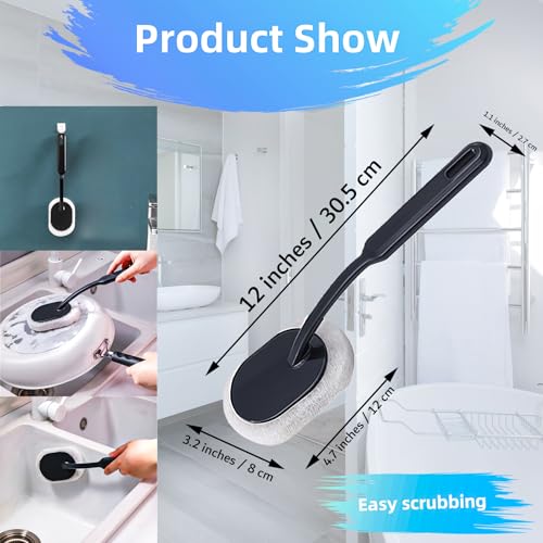 Image of Long Handle Sponge Scrub Bathroom Brush, Sponge Cleaning Brush with Handle Large Wall Scrubber Shower Long Handle Brushes for Tableware, Kitchen, Toilet, Bathroom Cleaning Tool Accessories Black