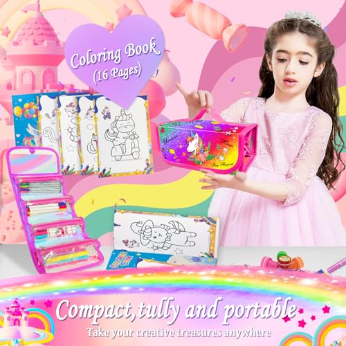 Image of weirtoya 56 PCS Washable Scented Markers with Glitter Pencil Case, Mermaid Unicorn Arts and Crafts for kids 4-6-8 Kids Coloring Drawing Kits for 4-8 Years Old Girls Xmas Gifts Stocking Stuffers