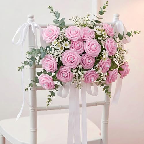 Image of 100Pcs Real Looking Pink with Diamonds Artificial Rose Flower Heads, Foam Fake Roses for DIY Wedding Decorations Baby Shower Centerpieces Home Party Valentine's Day Mother's Day Decor