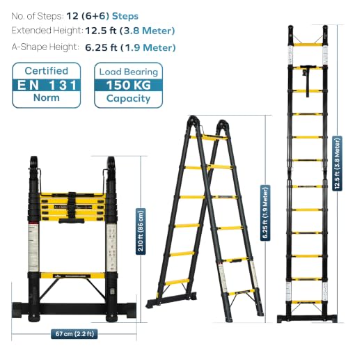 Image of Corvids 3.8m (12.5 ft) Foldable A-Type Carbon Steel Telescopic Ladder, 2-Year Warranty, 12-Step Heavy Duty Extension Ladder, Q195 Rustproof Alloy Steel, Portable Ladder for Home & Outdoor use