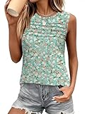 Micoson Summer Sleeveless Tops for Women Loose Crewneck Basic Tank Pleated Front Curved Hem Clothes(Green Orange Floral,Large)