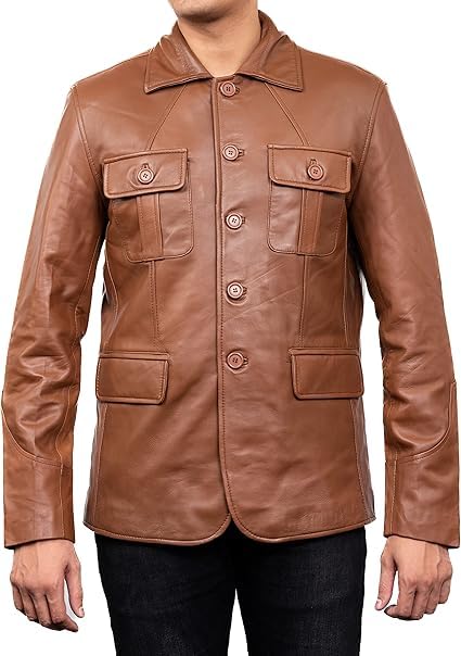 Men's Genuine Leather Blazer, Brown, Regular Fit, Notch Lapel, Long Sleeve, Smart Casual Style-image-34