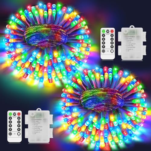 LYNNON Lichterkette Außen Batterie 2×100 LED Lichterkette Innen Wasserdicht Lichterkette Batterie Bunt mit Fernbedienung für Outdoor Party Hochzeit...