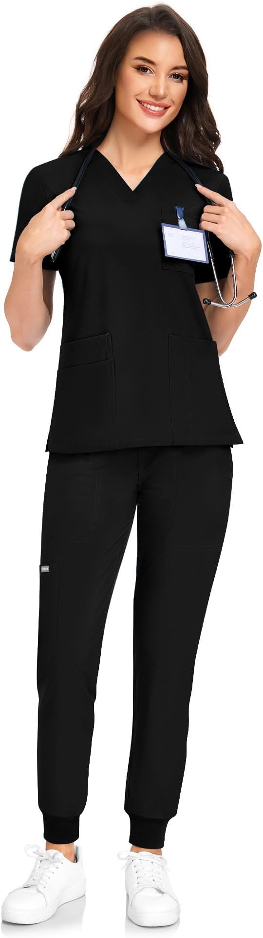 COMENII Scrubs for Women Set, V-Neck Scrub Top & Jogger Scrub Pants for Women with 11 Pockets, Comfortable Womens Scrubs