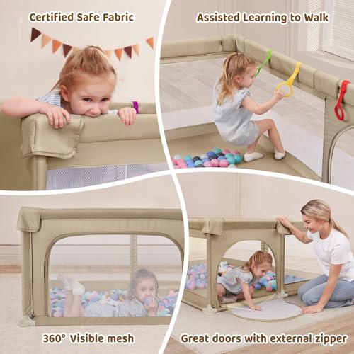 Image of Dripex Baby Playpen, 71 inchx59 inch Large Play Pen for Babies, Khaki | Included Portable Bag / Pull up Rings, Breathable Visible Mesh, Anti-Fall Design, Easy Setup, Indoor /Outdoor Use