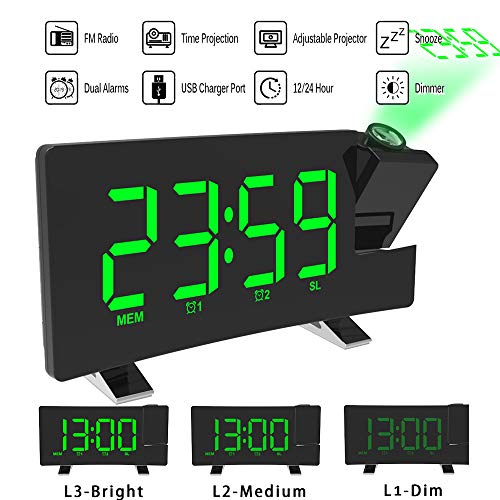 ALLOMN Réveil à Projection, Réveil Numérique FM Radio FM à écran Incurvé/Projection de l'heure/Projecteur Ajustable/Snooze/Double Alarme/Port de Chargeur USB/12/24 Heures/Variateur (Vert)