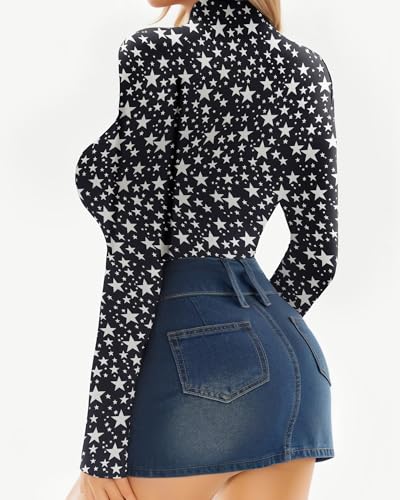 Image of MANGOPOP Women's Mock Turtle Neck Long Sleeve Tops Bodysuit Jumpsuit, Long Sleeve 1#stars, Small