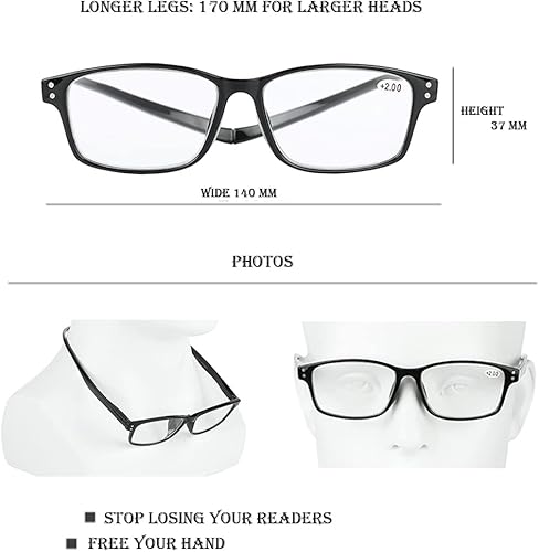 Miniatura 3 de TRIFUTORO Paquete de 2 lentes de lectura magnéticos patillas largas lectores de computadora patillas flexibles para cara más grande