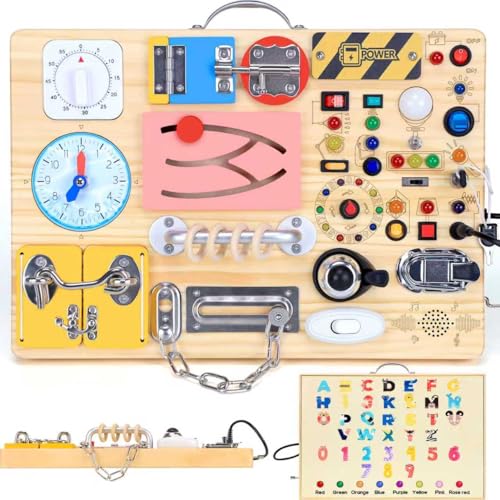Image of Busy Board with 13 LED Light Switches and 12 Activity, Montessori Toys for Toddlers, Wooden Toy Sensory Activity Board, Travel Toys for 1+ Year Old Boy & Girl Birthday Gift (25 in 1 Busy Board)
